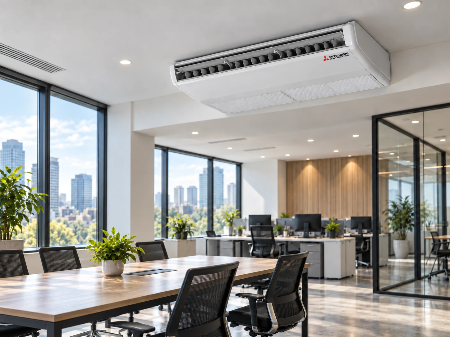 Таванен климатик Mitsubishi Heavy FDE Hyper Inverter в модерен офис интериор